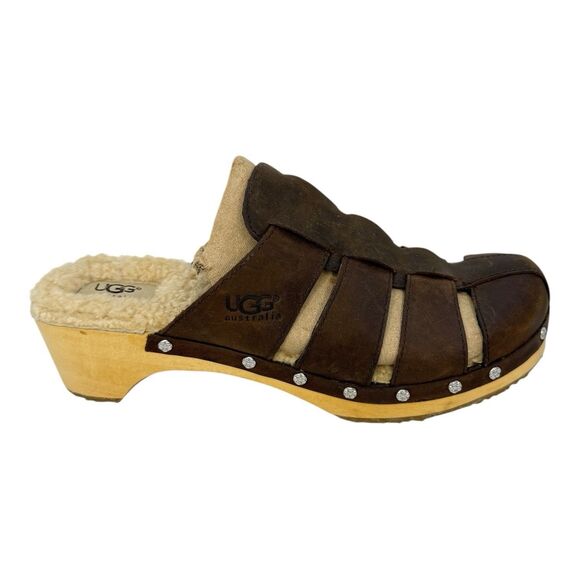 UGG Womens CLOGS Sandals Ore Brown Leather 1675 WOODEN shearling Slip on Size 10 - Picture 5 of 8